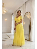 562-8 NASTIA Dlhé šaty so srdiečkovým výstrihom, podšívkou a krátkymi rukávmi - citrónové limoncello