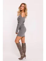 M818 Pletené šaty so spadnutým ramenom - sivé melírované