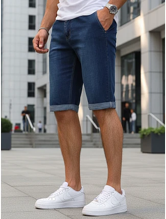 Pánske džínsové šortky s elastickým pásom tmavomodré FashionStreet SX2613