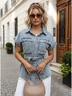 Dámska džínsová košeľa s opaskom a krátkymi rukávmi FashionStreet EY2691 Dámska džínsová košeľa s opaskom a krátkymi rukávmi FashionStreet EY2691