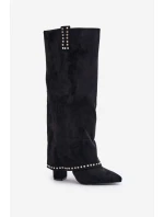 Kozaki Damskie Z Wywiniętą Cholewką Na Słupku Czarne Kaithena