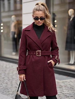 Elegantný dámsky kabát s výstrihom a opaskom v bordovej farbe, FashionStreet NY0786