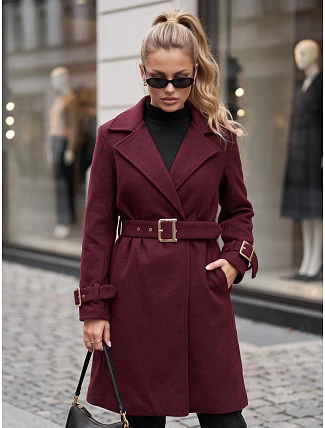 Elegantný dámsky kabát s výstrihom a opaskom v bordovej farbe, FashionStreet NY0786