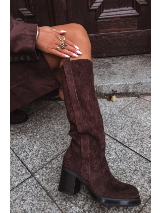 Kozaki Damskie Ocieplane Na Masywnym Słupku Czekoladowe Sanelle