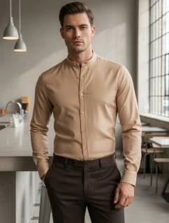 Pánska ležérna béžová košeľa SLIM FIT so stojacím golierom FashionStreet DX2601