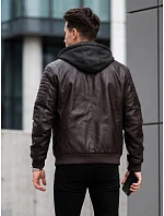 Pánska kožená zateplená bunda s kapucňou, tmavohnedá, FashionStreet TX5140