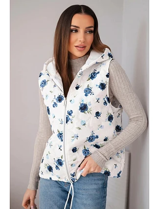 Dámska prešívaná vesta s kvetinovým vzorom a kapucňou tmavomodrá