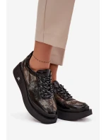 Skórzane Sznurowane Półbuty Damskie Na Platformie Artiker 57C2042 Czarno-Złote