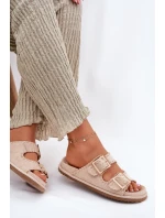 Klapki Damskie Z Klamrami I Ozdobnym Obszyciem Beżowe Visley