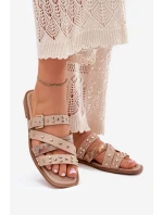 Zdobione Klapki Damskie Na Płaskim Obcasie Z Paskami I Klamrą Beżowe Manitte