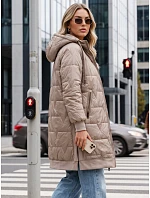 Dlhá dámska prešívaná bunda s kapucňou, béžová, FashionStreet TY5810 Dlhá dámska prešívaná bunda s kapucňou, béžová, FashionStreet TY5810