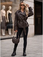 Dámska dvojradová bunda z ekokože s opaskom, hnedá, FashionStreet TY5912 Dámska dvojradová bunda z ekokože s opaskom, hnedá, FashionStreet TY5912