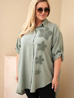 Dámske tričko Plus Size z viskózy s kvetinovou výšivkou khaki