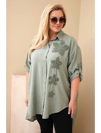 Dámske tričko Plus Size z viskózy s kvetinovou výšivkou khaki