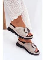 Skórzane Klapki Damskie Z Ozdobą S.Barski LR51-662 Beżowe