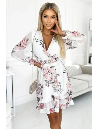 422-2 ROSETTA Dámske šaty s obálkovým výstrihom a opaskom - WHITE IN ROSE 422-2 ROSETTA Dámske šaty s obálkovým výstrihom a opaskom - WHITE IN ROSE