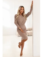 399-4 LARA Pruhované šaty s rebrovanými manžetami - moka pena