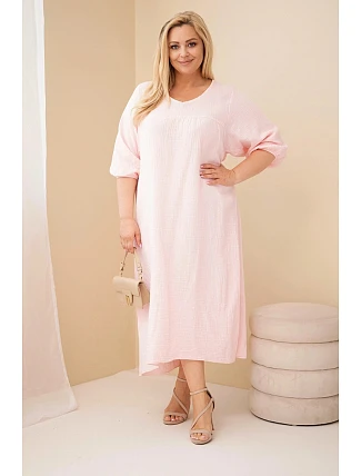 Dámske Plus veľkosť bavlnený mušelín V-neck šaty Candy Pink