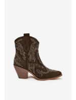 Ocieplane Damskie Botki Kowbojki Ze Zdobieniem Ciemnozielone Lelira