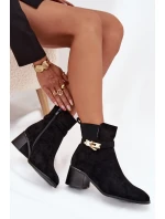 Ocieplane Botki Damskie Ze Złotą Ozdobą Na Klocku Czarne Sarona