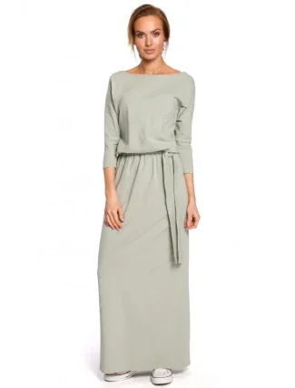 M435 Maxi bavlnené šaty s opaskom na zaväzovanie - pistáciová farba