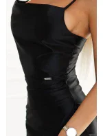 483-7 DIANE saténové dlhé šaty s rozparkom na nohách - ČIERNE