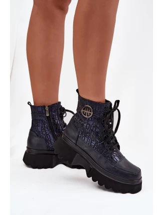 Skórzane Botki Damskie Na Platformie Z Napisami I Ozdobnym Detalem Artiker 57C2271 Granatowe
