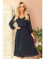 Dámske šifónové šaty v fľaškovo zelenej farbe v dĺžke midi, s dekoltom a volánikom 304-2 Dámske šifónové šaty v fľaškovo zelenej farbe v dĺžke midi, s dekoltom a volánikom 304-2