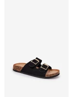 Klapki Damskie Na Korkowej Platformie Ze Złotymi Klamrami Czarne Lisavionea