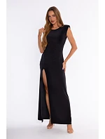 M928 - Maxi dress with ruching and high slit - black