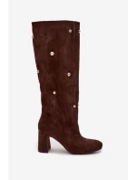 Kozaki Damskie Ocieplane Na Słupku Z Ozdobnymi Detalami Czekoladowe Lucinda