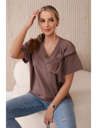 Bavlnená blúzka s ozdobnou mašľou mocca