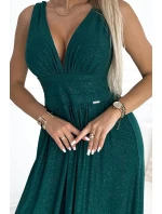 490-3 SUSAN Dlhé brokátové šaty s výstrihom a prešívaním v páse - BOTTLE GREEN