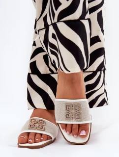 Eleganckie Klapki Damskie Z Ozdobą Na Płaskim Obcasie Białe Lovehia