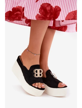 Klapki Na Platformie I Koturnie Z Ozdobą Czarne Tanonea