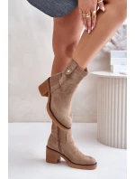 Ocieplane Botki Damskie Na Obcasie Słupku Beżowe Vailia