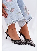Ozdobené sandály s síťkou na jehlovém podpatku Černé Bedira