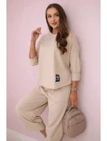 Bavlnená mikina nohavice set béžová