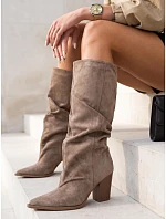 Dámske vysoké čižmy s vysokým zvrškom a podpätkom v khaki farbe, FashionStreet ZY1460 Dámske vysoké čižmy s vysokým zvrškom a podpätkom v khaki farbe, FashionStreet ZY1460
