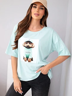 Dámska bavlnená blúzka oversize s krátkymi rukávmi a mätovou potlačou