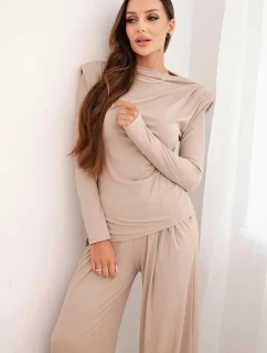 Dámsky bavlnený komplet s blúzkou a širokými nohavicami béžovej farby