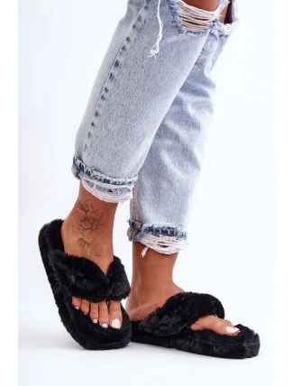 Damskie Futrzane Klapki Papcie Czarne Elma