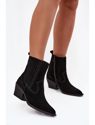 Zamszowe Botki Kowbojki Damskie Na Słupku Ocieplane Czarne Dylira