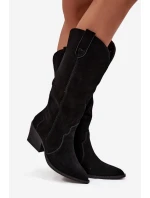 Skórzane Zamszowe Kozaki Kowbojki Damskie Ocieplane Czarne Urselle