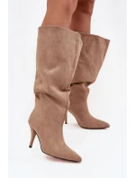 Wsuwane Kozaki Damskie Na Szpilce Z Eko Zamszu Beżowe Noretta
