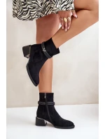 Ocieplane Botki Damskie Na Niskim Obcasie Z Ozdobnymi Paskami D&A MR880-027 Czarne