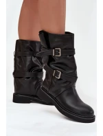 Marszczone Kozaki Damskie Do Połowy Łyski Z Paskami I Klamrami Czarne Halvessa