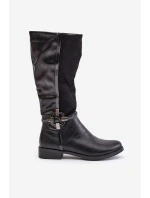 Ocieplane Kozaki Na Płaskim Obcasie Z Ozdobną Klamrą Czarne Leatharia