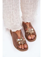 Sandały Damskie Na Płaskim Obcasie Z Ozdobą S.Barski KV27-001 Ciemnobeżowe