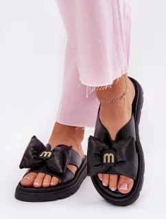 Skórzane Klapki Damskie Na Platformie Z Kokardą CheBello 4647 Czarne